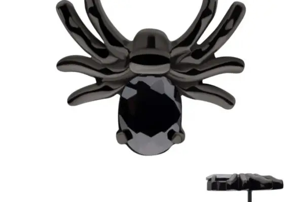 The Black Gem Spider stud earring, crafted in black titanium with an oval faceted black gemstone body, is shown from front and side angles to showcase its detailed spider design and post.