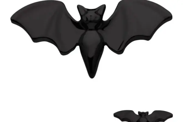 A black bat with Black Bat Wings, featuring smooth, glossy wing details and pointed ears, is displayed on a white background. A smaller version of the bat appears in the corner.