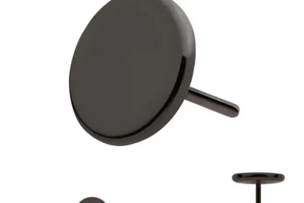 A close-up of the Black Flat Disk push pin with a flat head and short pointed shaft, displayed from multiple angles next to three small circles highlighting its shape and size.