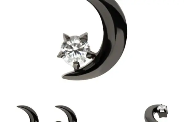 The Black Crescent Moon - Cz/Opal earring features a black titanium crescent moon with a clear gemstone at the center. Three images below show various angles, including an alternate version with a round iridescent opal stone.