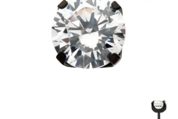 The Black Prong earring, featuring a round clear gemstone in a black titanium prong end, is displayed from the front and side against a white background.