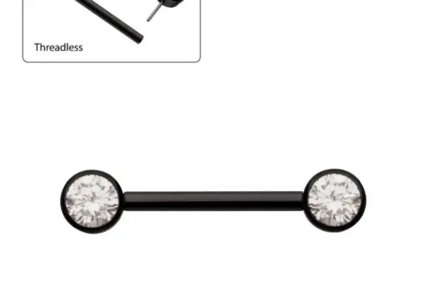 A Black Bezel Nipple Barbell is shown horizontally with clear gem ends. An inset at the top left highlights the threadless design by displaying one detachable gem end.