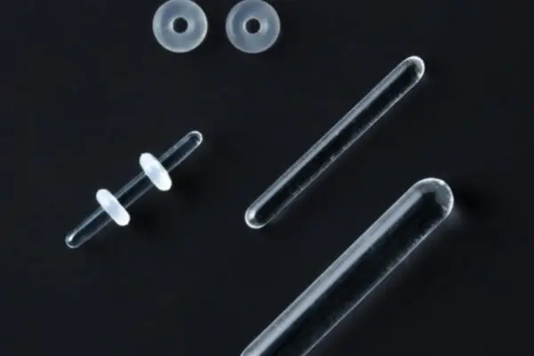 No Flare Glass Retainer rods and silicone rings are shown on a black background, arranged in parallel and perpendicular lines. The rods are cylindrical, while the small, flat rings are circular.