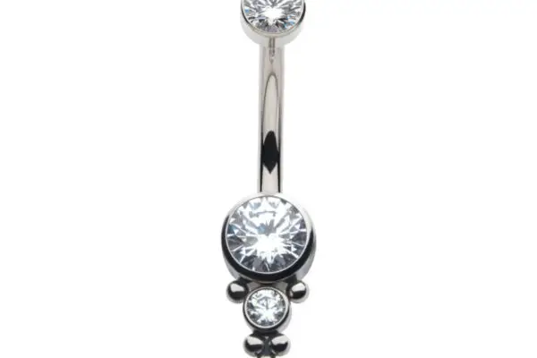The Tri-Bead 2 Gem Navel displays two round clear gems set vertically with small silver beads below the largest stone, all on a white background.
