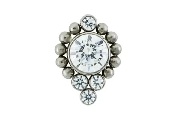 The 14HT is a decorative titanium faceted end stud with a large central clear gemstone, six metallic beads, and four smaller clear gemstones in a symmetrical arrangement on a white background.