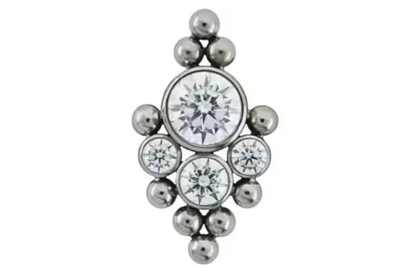 The 5HT is a decorative jewelry piece with a large clear gemstone, three smaller stones, and metallic beads set in an ornate, symmetrical titanium design, crafted to shine brilliantly on a white background.