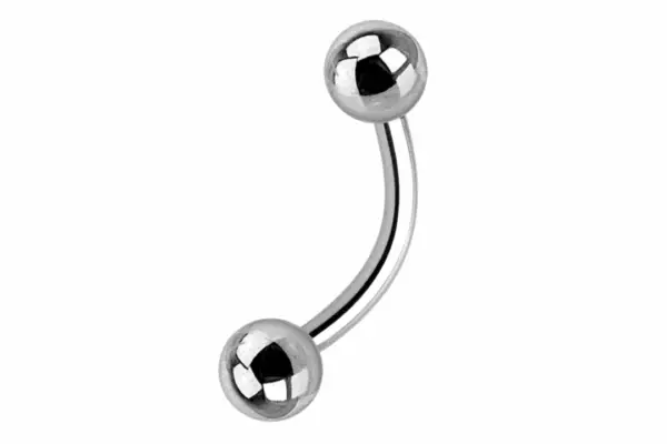 The Basic Curved Barbell is a titanium accessory with a shiny finish, featuring threaded round balls on each end and displayed on a white background.