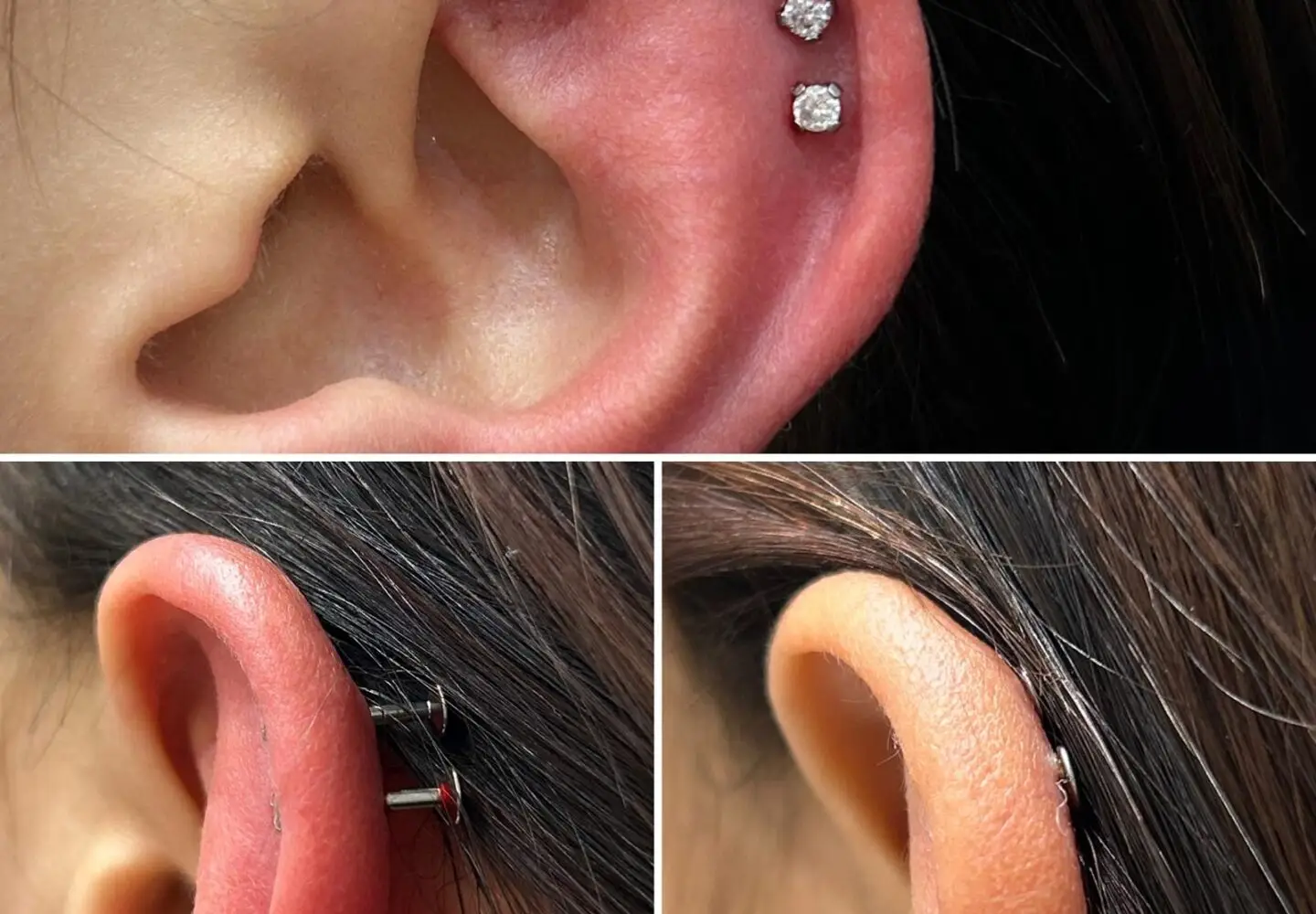 Piercer performing a two-week check up on a client’s piercing
