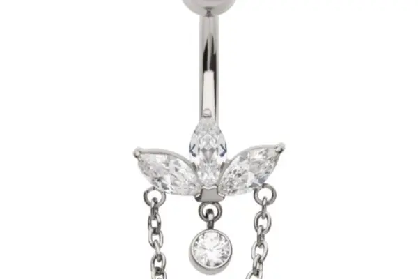The Triple Marquise Fan Dangle is a silver belly button ring with three marquise-cut clear stones in a fan design, a round dangling gemstone, and a delicate chain connecting both sides.