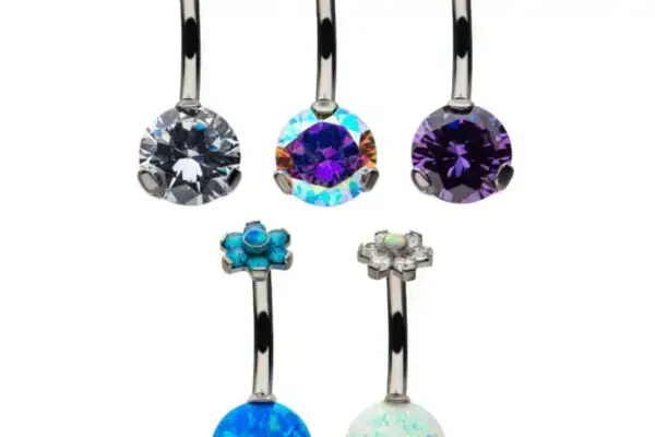 Six Flower Prong Round curved barbell belly rings, featuring blue, purple, white, and iridescent round gems or opals, arranged in two rows for a vibrant display.