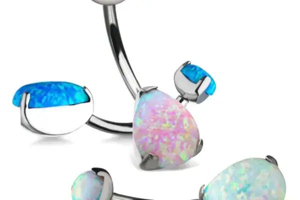 Double Prong Opal curved silver belly button rings with titanium-set opal stones in blue, pink, and white, shown on a white background.