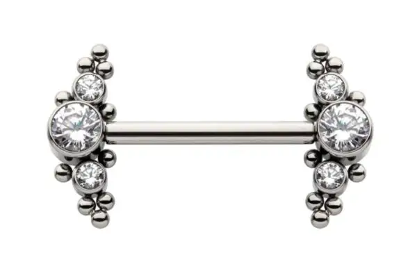 The Tri-Bead Gem Cluster is a silver barbell piercing with clear gemstone accents and small decorative silver beads on each end.