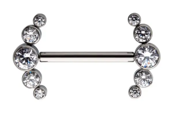 The 5-Cluster Gem barbell features clusters of clear, round gemstones on each end in a curved, decorative pattern. Its symmetrical and elegant design makes it ideal for body piercing jewelry.
