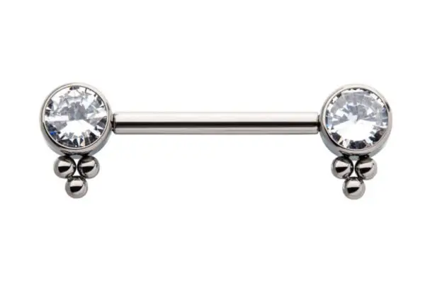 The Tri-Bead Gems barbell features a sleek silver finish and clear round gems on each end, each accented by three small silver beads beneath.