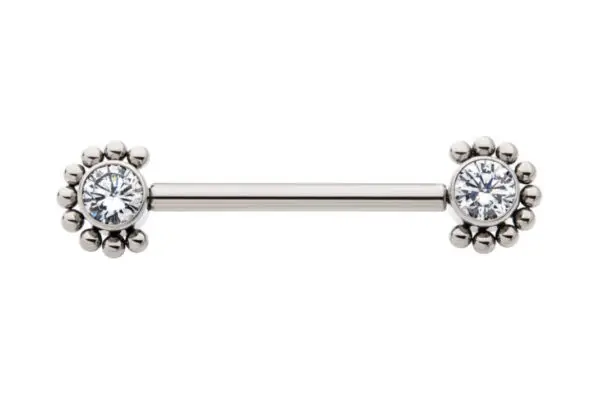 A 9 Cluster Bead Gem barbell piercing features clear round gemstones at each end, each accented by small silver beads in a floral pattern, all displayed against a white background.