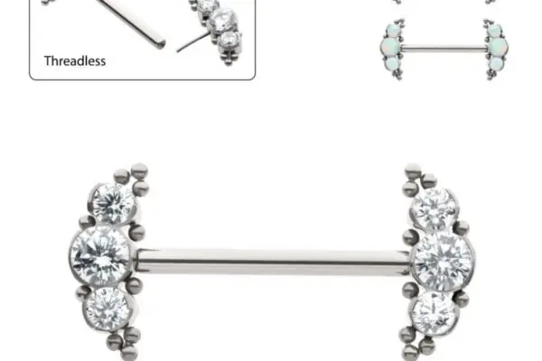 The 3 Cluster Round Gem/Opal is a silver titanium threadless barbell with three-gemstone clusters on each end, displayed in close-up and alternate views with options for clear or opal stones.