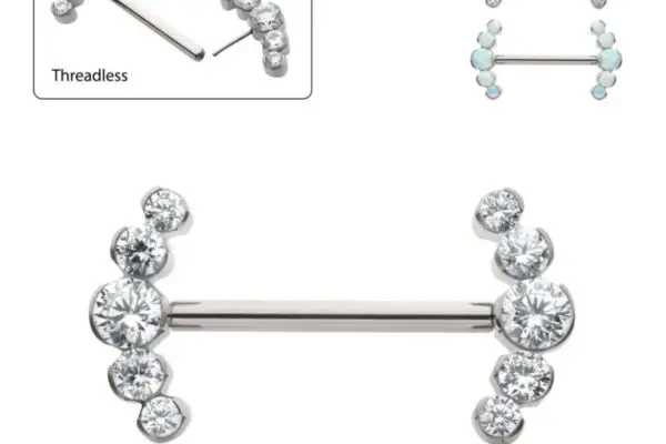 The 5 Cluster Round Gem/Opal is a titanium threadless barbell piercing featuring clusters of clear gemstones and opals on each end, shown from various angles, with a close-up and an assembly diagram.