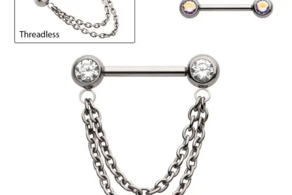 The Double Chain Dangle is a threadless barbell piercing with clear or iridescent gemstones at each end and two attached chains, shown in both close-up and gemstone variation images.