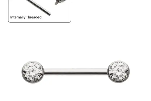 The Bezel Set Gem Threaded barbell piercing features clear round gemstones in bezel settings. An inset highlights the secure, internally threaded design, showing a close-up of one end removed for easy and stylish wear.