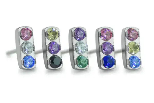 Five Gem Bars earrings, each made of titanium and featuring three vertically arranged round gemstones in assorted shades of pink, purple, blue, green, and yellow.