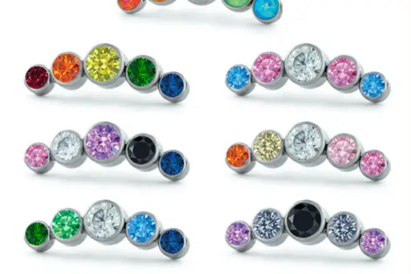 A set of eight Bezel Set Cluster - Curved barbells, each with colored gemstones for different LGBTQ+ pride flags, displayed above a key for Pride, Transgender, Gender Fluid, Lesbian, Gay Man, and Asexual.