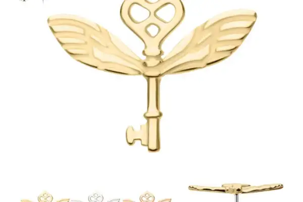 The Harry Potter 14K Winged Key stud earring, shaped like a flying key with wings, is shown in gold from front and side views, alongside silver, rose gold, and white options. The Harry Potter logo appears in the top left corner.