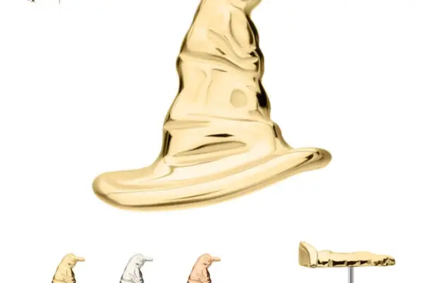 The 14K Sorting Hat stud earring features a design inspired by the Harry Potter Sorting Hat, available in gold, silver, and rose gold finishes. A side view highlights the post, with the iconic Harry Potter logo shown at the top left.