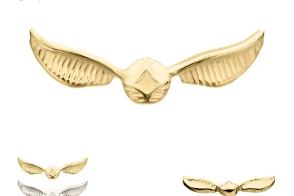 A 14K Golden Snitch gold earring inspired by Harry Potter is shown, with smaller images displaying it in gold, silver, and rose gold. The Harry Potter logo appears in the top left corner.