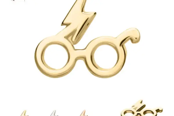 The 14K Harry Potter Eyeglasses stud earring is shaped like Harry's signature round glasses with a lightning bolt. Shown below are smaller gold, silver, and rose gold versions, with the Harry Potter logo in the top left corner.