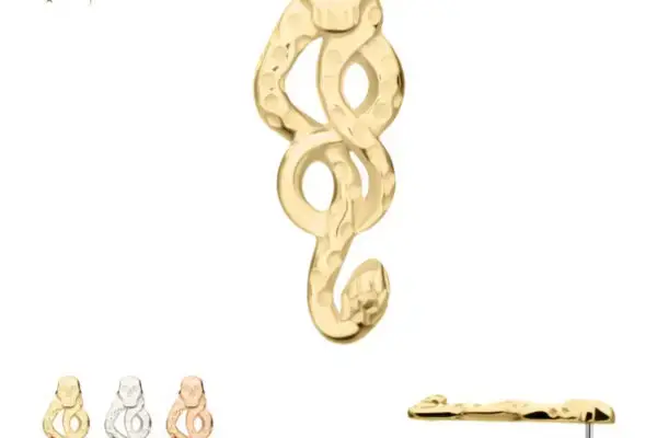 The 14K Dark Mark Symbol is a gold earring shaped like the Harry Potter Dark Mark, featuring a skull with a snake. Smaller versions in silver, rose gold, and gold appear in the bottom left corner.