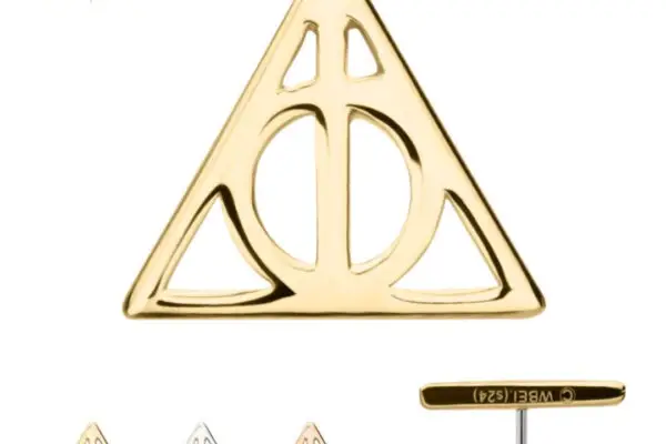 A gold, triangular 14K Deathly Hallows pin from Harry Potter, shown with silver and rose gold versions and a close-up of the back. The Harry Potter logo is in the top left. Product name: 14K Deathly Hollows.