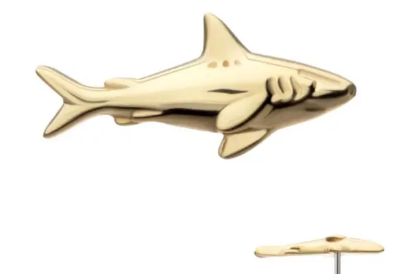 The 14K 2D Shark stud earring is displayed from the side, showcasing its fin, gills, and tail. A smaller inset shows the back of the post for this earring.