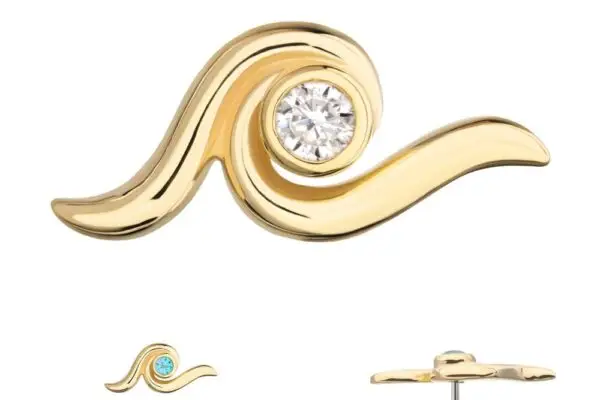 The 14K Waterwave earring displays a gold wave design with a central gemstone. Shown below are versions with gold, blue, and clear stones, plus a side view of the earring post.