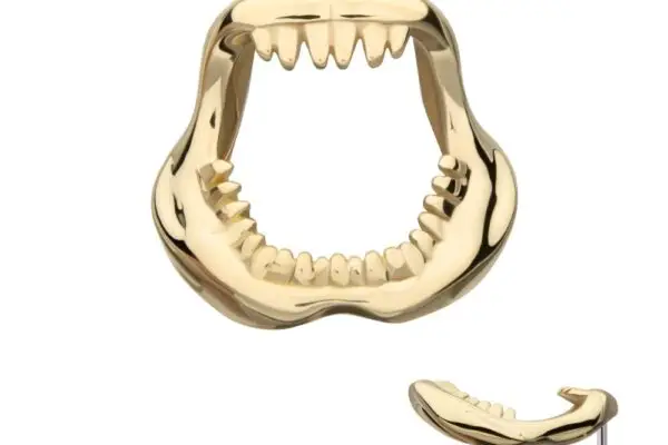 The 14K Shark Jaw is a gold pin shaped like an open shark jaw with sharp teeth, displayed from the front and side on a white background.