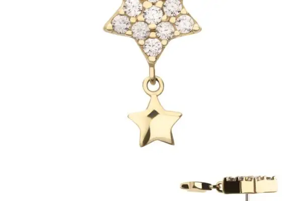 The 14K Star - Dangle is a gold star-shaped stud earring with small clear gemstones and a smaller plain gold star charm hanging below. Side view of the earring post is included.