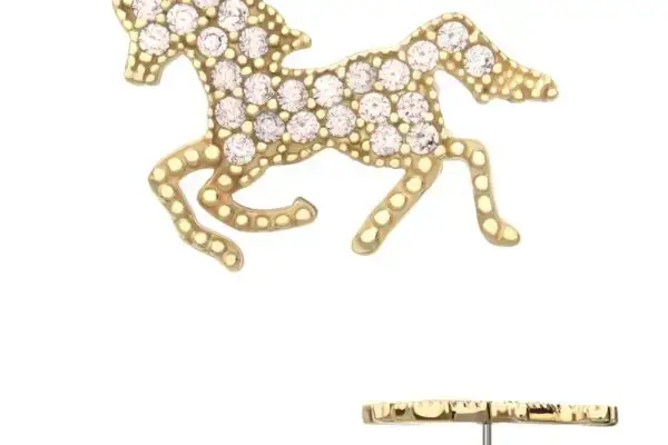 The 14K Galloping Horse stud earring features a mid-gallop horse design with sparkling clear gemstones, crafted in gold and photographed on a white background.