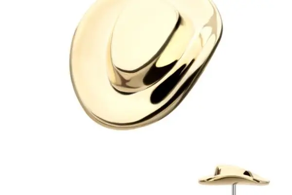 A shiny 14K Cowboy Hat earring, shaped like a cowboy hat, is displayed on a white background with a smaller side view highlighting the earring post.