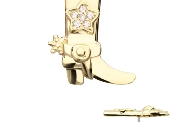 14K Cowboy Boot earring features a star, small clear gemstones on the boot, a heel spur detail, and visible backing post in the side view.