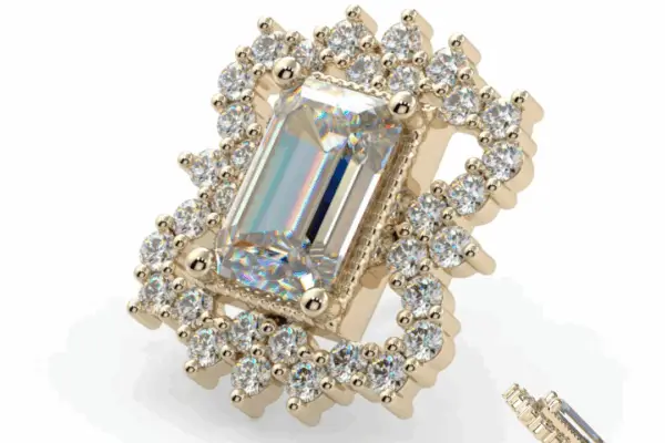 The 14K Victoria - Diamond earring showcases a large rectangular clear center stone, bordered by two rows of small round diamonds, with visible post and side profile in the lower right corner.