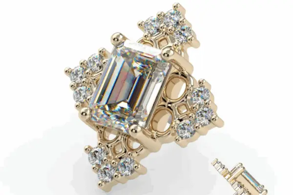 The 14K Emily - Diamond stud earring showcases a prominent emerald-cut diamond at the center, encircled by clusters of round diamonds in an elegant pattern, with views of the earring shown from both front and side angles.
