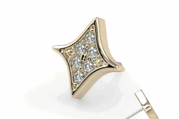 The 14K Astra Lumina gold stud earring features a star-like, curved square shape with a gem top and central sparkling diamonds, displayed on a white background, with the earring post visible from the side.
