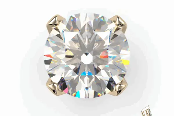 A round, faceted diamond stud earring from the 14K Prong Set collection in yellow gold, displayed from front and side angles on a white background.