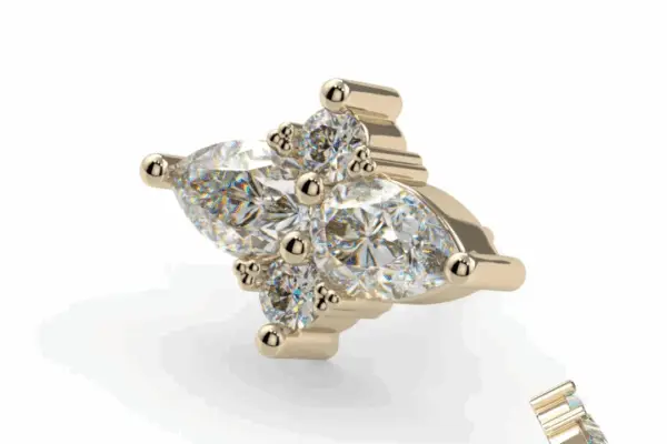 The 14K Satori stud earring features a cluster of marquise and round-cut diamonds arranged in a symmetrical floral-inspired design, set in gold with a secure push-back closure.
