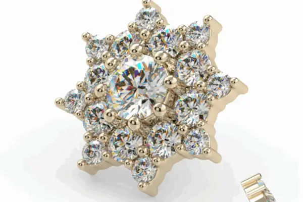 The 14K Gaia - Diamond stud earring showcases a large central round diamond surrounded by two rows of smaller round diamonds in a floral/starburst design, set in gold with a butterfly back.