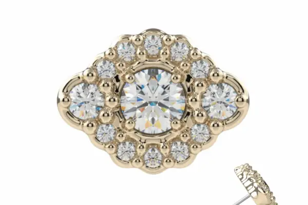 The 14K Charolette - Diamond gold stud earring features a central round diamond encircled by a halo of smaller diamonds in a floral design, with an earring post visible from the side.