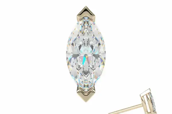 A single 14K Marquise Prong earring with a gold setting is displayed alongside a side view of its post, both shown on a white background.