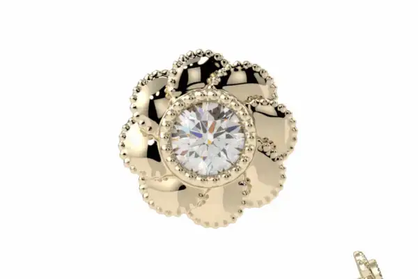 The 14K Penelope is a flower-shaped stud earring with a large round clear gemstone center, petal-inspired details, and bead accents; one earring is shown front-facing, the other lays flat to display the post.