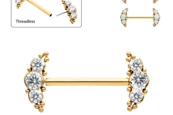 The Triple Gem Nipple Cluster - Fixed gold threadless barbell is shown from various angles, including a close-up and a pair with white opal stones on each end.