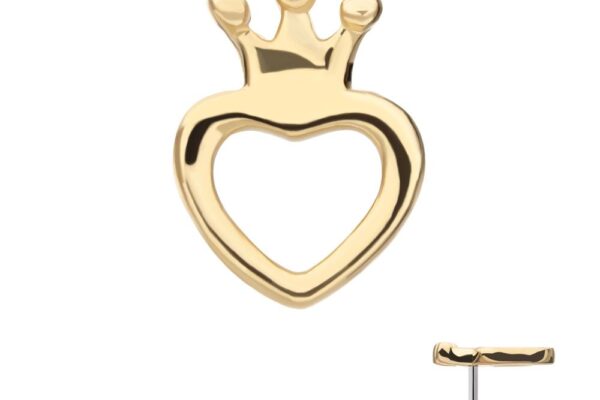 The 14K Crown Heart is a stud earring in 14K gold, featuring an open heart with a crown on top. The bottom right corner shows the side view of the post.