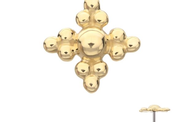 The 14K Tri-Bead Flower is a gold stud earring with a cross shape, rounded bead-like edges, and a central dome, displayed front and side on a white background.